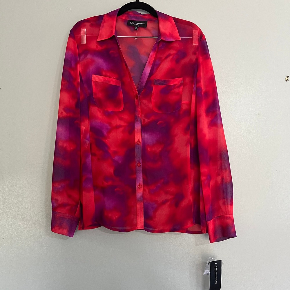 Jones New York Collection Pink Purple Abstract Watercolor Button Up Blouse 12